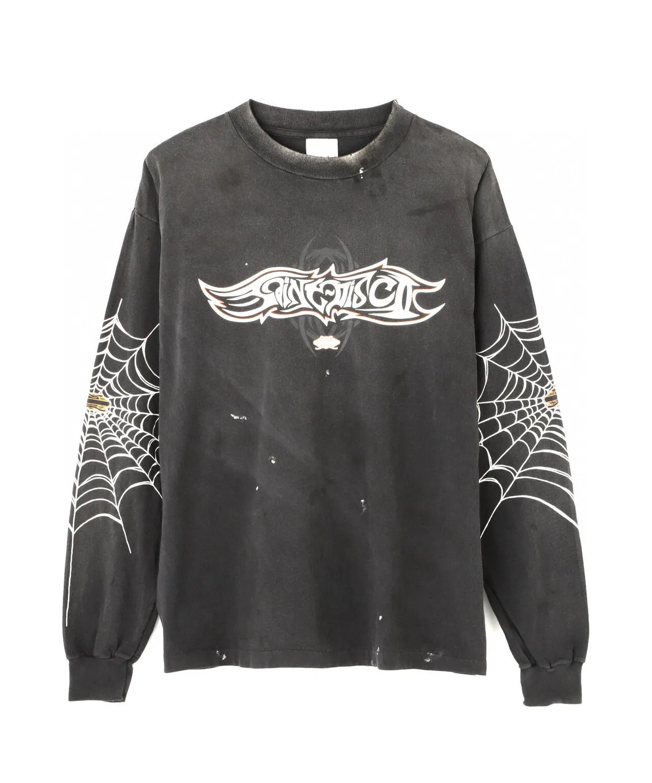 SAINT Mxxxxxx × TEFLON DISCO ML_LS TEE/INSANITY/BLK Spider Web INSANITY Distressed Long Sleeves Washed Black S-XL Ready-to-wear Assute dyeing Maliu water spray fading treatment Customized TEFLON DISCO co-branded accessories Hand-splashed ink Wormhole fraying treatment Authentic level printing process
